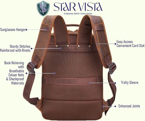 Star Vista Angelo 17.3 "Vintage Full Grain Leather Backpack Propack for Men ، Multi Mobicts ، Darcal Outdure Business Travel Rucksack ، YKK QUPERS ، Brown Dark in Kuwait