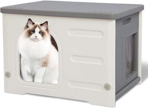 Hicaptain Cat Houses for Indoor Cats with Escape Door Plastic Outdoor Cat House Puppy Feral Cat Shelter for Small Medium Pets-Grey in Saudi Arabia