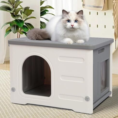 Hicaptain Cat Houses for Indoor Cats with Escape Door Plastic Outdoor Cat House Puppy Feral Cat Shelter for Small Medium Pets-Grey in Saudi Arabia