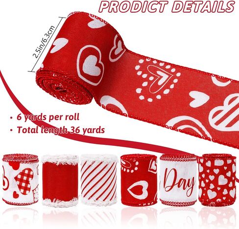 Whaline 36 Yard Happy Valentine's Day Wired Edge Ribbon Red White Love Hearts Ribbon with Burr Wedding Fabron Ribbon for Anniversary Wath Bow Making Diy Crafts Supplies ، 6 Roll in Saudi Arabia
