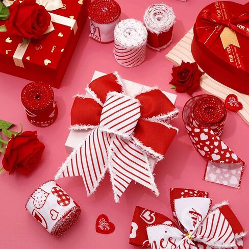 Whaline 36 Yard Happy Valentine's Day Wired Edge Ribbon Red White Love Hearts Ribbon with Burr Wedding Fabron Ribbon for Anniversary Wath Bow Making Diy Crafts Supplies ، 6 Roll in Saudi Arabia