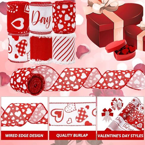 Whaline 36 Yard Happy Valentine's Day Wired Edge Ribbon Red White Love Hearts Ribbon with Burr Wedding Fabron Ribbon for Anniversary Wath Bow Making Diy Crafts Supplies ، 6 Roll in Saudi Arabia