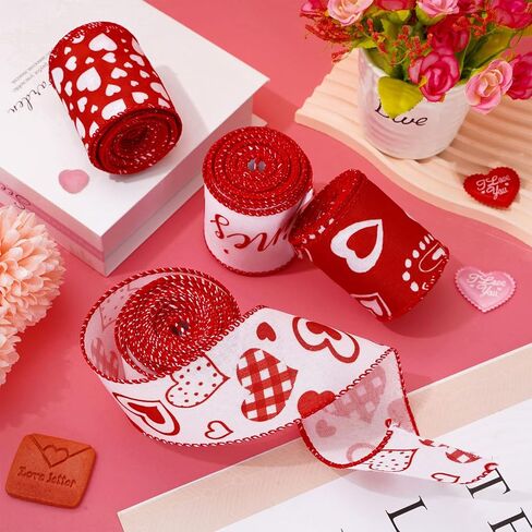 Whaline 36 Yard Happy Valentine's Day Wired Edge Ribbon Red White Love Hearts Ribbon with Burr Wedding Fabron Ribbon for Anniversary Wath Bow Making Diy Crafts Supplies ، 6 Roll in Saudi Arabia