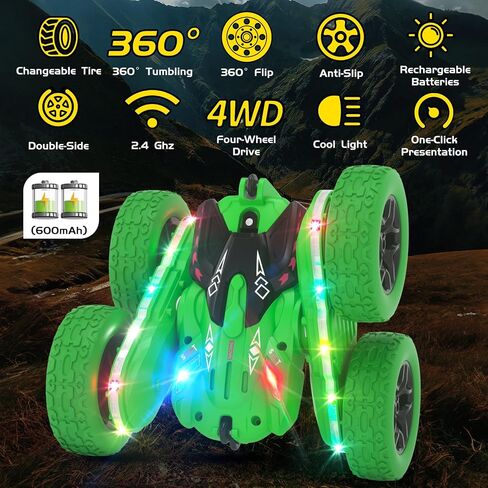 Remote Control Car, RC Cars, RC Stunt Car Toys New Upgraded Strip Light & Headlight, 6000mAH, 4WD 360° Rotating, Double Sided, Toy for Boys Girls Christmas Birthday Gift in Saudi Arabia