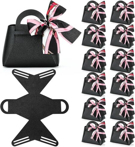 KAZIPA 12 Pack Leather Wedding Candy Gift Bags with Handle Reusable Party Favor Boxes for Baby Showers,Birthday,Christmas,Halloween,First Communion (Black) in Saudi Arabia