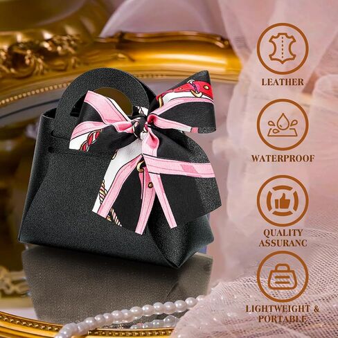 KAZIPA 12 Pack Leather Wedding Candy Gift Bags with Handle Reusable Party Favor Boxes for Baby Showers,Birthday,Christmas,Halloween,First Communion (Black) in Saudi Arabia