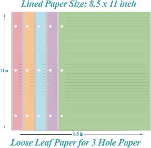 3 Hole Colorful Lined Paper - 100 Sheets/200 Pages Loose Leaf Paper Line Refills, Per Color 20 Sheets, 8.5" x 11" in Kuwait