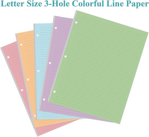 3 Hole Colorful Lined Paper - 100 Sheets/200 Pages Loose Leaf Paper Line Refills, Per Color 20 Sheets, 8.5" x 11" in Kuwait