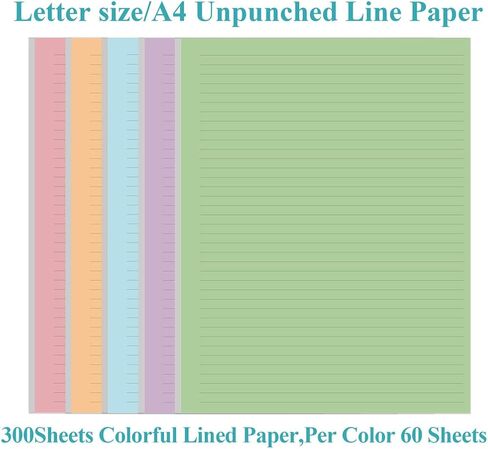 3 Hole Colorful Lined Paper - 100 Sheets/200 Pages Loose Leaf Paper Line Refills, Per Color 20 Sheets, 8.5" x 11" in Kuwait