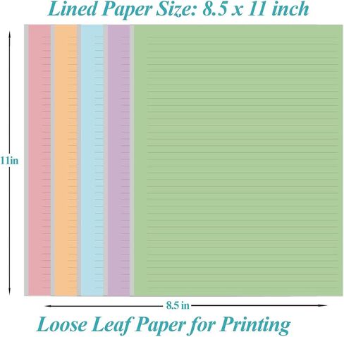 3 Hole Colorful Lined Paper - 100 Sheets/200 Pages Loose Leaf Paper Line Refills, Per Color 20 Sheets, 8.5" x 11" in Kuwait