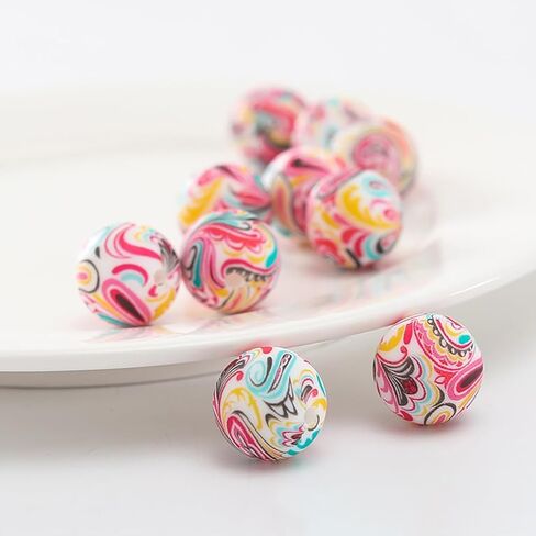 Decoendiy 50Pcs Silicone Printed Beads 15mm, Skull Dog Paw Animal Print Beads, Flower Rainbow Striped Beads, Loose Round Silicone Spacer Beads, for Adults DIY Crafts Supplies (#6) in Kuwait