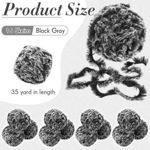 Timgle 16 Skeins Soft Faux Fur Yarn Chunky Fluffy Plush Bulky Yarn for Knitting Crocheting Crafting, Total Length 16 x 32m,16 x 35 Yds (Black Gray) in Saudi Arabia