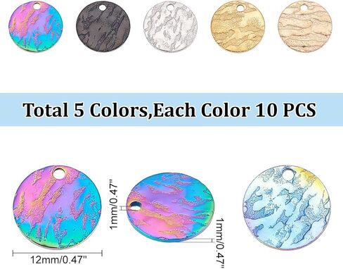 PH PandaHall 50pc 5 Colors 10.5mm Stainless Steel Flat Round Pendants, Blank Message Word Tag Pendants Round Charms with Textured Pattern for Bracelet Earring JewelryGift Making in Saudi Arabia