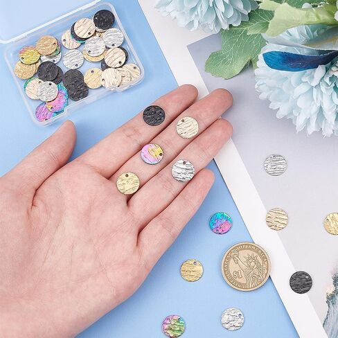 PH PandaHall 50pc 5 Colors 10.5mm Stainless Steel Flat Round Pendants, Blank Message Word Tag Pendants Round Charms with Textured Pattern for Bracelet Earring JewelryGift Making in Saudi Arabia