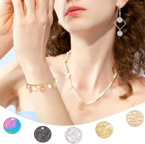 PH PandaHall 50pc 5 Colors 10.5mm Stainless Steel Flat Round Pendants, Blank Message Word Tag Pendants Round Charms with Textured Pattern for Bracelet Earring JewelryGift Making in Saudi Arabia