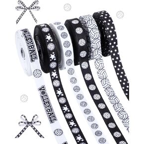 6 Rolls Volleyball Ribbon 3/8" Black White Grosgrain Ribbon Sports Ball Ribbons Wrapping Craft Ribbons for Sports Team Decoration,Wreaths,Bows,Crafting,Sewing, Volleyball Party Supplies,30yds