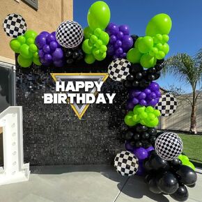 Truck Theme Balloon Arch Kit-Check Flag Balloons Purple Green Black Balloon Garland for Boy Truck Theme Birthday Party Baby Shower Decorations