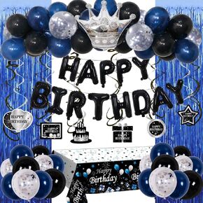 Blue Black Birthday Decorations for Men Boys, 71PCS Birthday Party Decorations for Women, Happy Birthday Banner Balloons Tablecloth Foil Fringe Curtains Hanging Swirls Bday Decor Supplies for Him