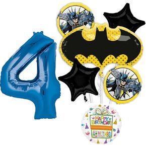 Batman 4th Birthday Party Supplies 7pc Balloon Bouquet Decorations