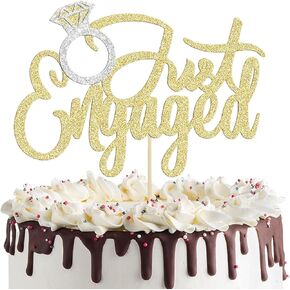 Just Engaged Cake Topper, Glitter Diamond Ring Sign Cake Decorations Suitable for Bridal Engagement Wedding Cake Decoration Party Supplies - Gold