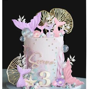 Mermaid Cake Topper with Pink Bow Real Dried Flowers Golden Ginkgo Leaves for Mermaid Them Cake Vintage Cake