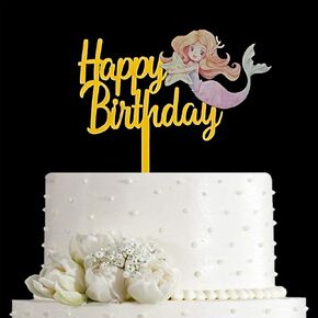 JIEEIN Happy Birthday Cake Topper with a Little Mermaid for Birthday Party Decorations, Gold Acrylic