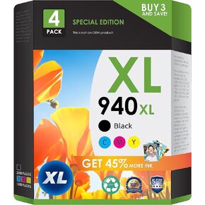 بديل متوافق مع 5 نجوم لـ 940XL. يعمل مع OfficeJet Pro 8500 8500a A909A 8000 A809A A910A Printers. 4 حزمة (أسود ، سماوي ، أرجواني ، أصفر)