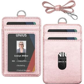 PU Leather Badge Holder, Unius ID Badge Holder with 2 Thumb Slide Slots 4 Credit Card Slots PU Leather Lanyard for ID Credit Card Bus Card Business Room Card in Black(1 Pack)
