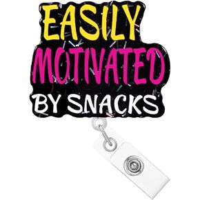 Funny Easily Motivated by Snacks Badge Reel Holder Retractable Dietician Food Nurse Medical Badge Reels for Nurses Cute Nursing Student Badge Clip Glitter Acrylic CNA RN LPN Accessories