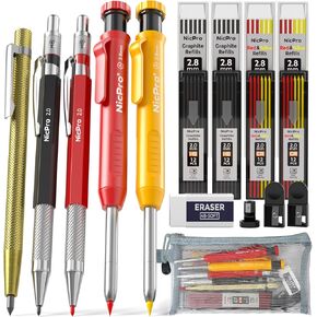 Nicpro 16 Pack Mechanical Carpenter Pencil Set with 42 Refill & Carbide Scribe Tool, Construction Pencils Heavy Duty Woodworking Pencils for Architect
