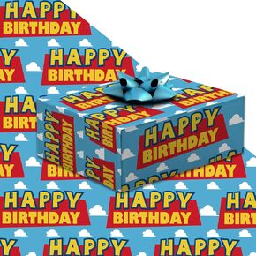 MennHeii Cartoon Story Happy Birthday Wrapping Paper for Kids Boys Girls, 10 Sheets Flat Blue Sky White Clouds Present Gift Wrap Paper for Birthday Baby Shower Party Supplies - 19.7'' x 27.6''