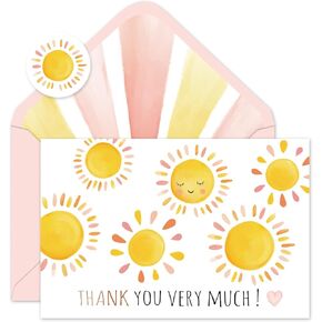 50 Pack Watercolor Sun Thank You Cards Boxed Sunshine Note Cards with Envelopes Stickers Greeting Blank Cards for Birthday Baby Shower