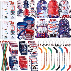 Paterr 102 Pcs Hockey Party Favor Supplies Set Include Hockey Drawstring Bags Silicone Bracelets Badge Buttons Spiral Notebooks Pencils and Erasers Bookmarks and Stickers for Gifts