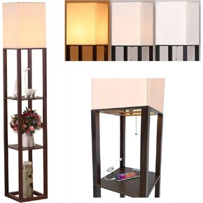 HomeFocus - LED Floor Lamp with Shelves,Floor Lamp with USB Charging Port,Shelf Floor Lamp,Corner Display Floor Lamp for Living Room,Bedroom and Office,Wood,Brown.