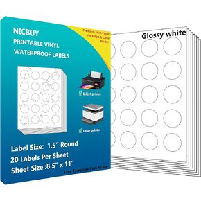 500 Printable Glossy White 1.5 inch Round Labels, Waterproof Vinyl Sticker Labels for Inkjet or Laser Printer