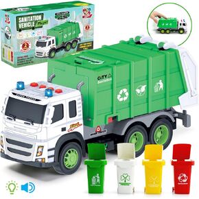 MÖBIUS Toys Garbage Truck Friction-Powered – 1:12 Scale Large Size Truck w/Sounds, Lights, Loader, 4 Trash Cans for Learning Waste Management Recycling Toy for Toddlers, Boys, Girls 3 4 5 Years Old