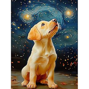MISCER Dog Diamond Art Kits for Adults, Starry Night Diamond Painting Kits for Beginners, 5D Full Drill Round Paint with Diamonds Pictures, Gem Art Painting DIY Crafts Kit Decor 12x16inch