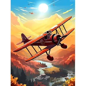 Airplane Diamond Painting Kits, Vintage Biplane Soaring Over Mountains 5D Diamond Art Kit, Airplane Enthusiast Diamond Painting Kit, Full Drill Painting with Diamonds Arts Home Wall Decor 12x16 inch