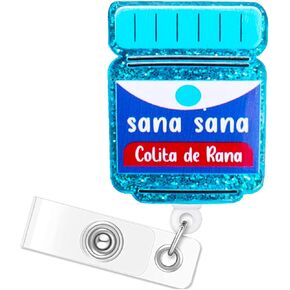 Blue Glitter Nurse Badge Reel with ID Clip, Sana Sana Colita De Rana Funny Badge Reel Retractable ID Tag Card Holder Clip, Cute Badge Reel for Pharmacy Tech Nurse Medical Assistant Doctor