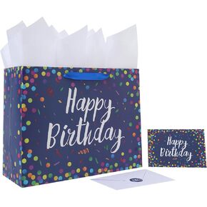 13" Large Blue Happy Birthday Gift Bag Set with Handles, Greeting Card, Tissue Papers and Stickers for Men Women Boys Girls Kids Teens, Dots Design, 1 Pcs