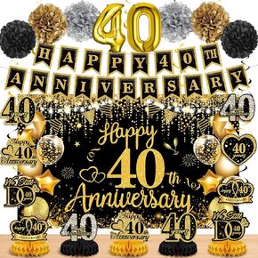 40th Wedding Anniversary Decorations Black Gold Happy 40th Anniversary Banner Backdrop Table Honeycomb Centerpiece Hanging Swirls Pom Poms for Men Women 40th Wedding Anniversary Party Decor Supplies