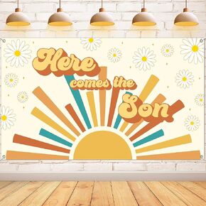 Here Comes The Son Baby Shower Backdrop Retro Sunshine Baby Shower Background Banner Cake Table Decor Photobooth Gift Prop Fabric 72.8 x 43.3 Inch