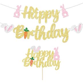 Glitter Easter Bunny Birthday Decorations Banner Ears cake Toppers Rabbit Party Theme for Spring Birthday Supplies