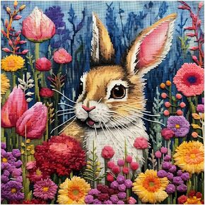 51buyoutgo Rabbit 11ct Cross Stitch Kits, 11 CT Funny Pre Printed Counted Stamped Cross Stitch Embroidery Needlepoint Patterns Kits for Adults Beginners Animal Crossstitch 40x40 cm