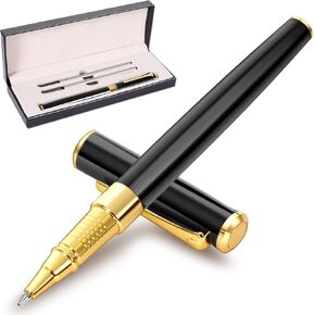 Deluxe Ballpoint Pen Kit,Office Business Ballpoint Pen Signing Pen with Two Replacement Black Refills, 0.5mm Nib, Black Classic Gift Box, Creative Writing Gift for Men and Women (Black Gold B)