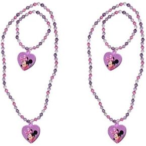 Disney Minnie Bowtique Necklace and Bracelet Set of 2 (1 Pink Set + 1 Purple Set)