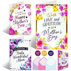 Decorably 6 Pack Foiled 5x7in Mothers Day Cards with Envelopes and Stickers, 3 Floral Designs Happy Mother's Day Cards with Printed Message Inside