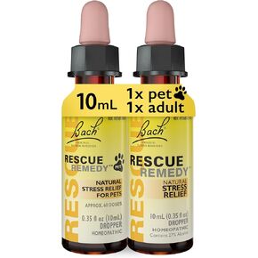 حزمة تخفيف الإجهاد الطبيعية للحيوانات الأليفة والناس ، Bach Rescue Remedy Dropper [و] Rescue Remedy Pet Dropper للكلاب والقطط والحيوانات الأليفة الأخرى - 2PK ، جوهر الزهرة المثلية ، نباتي ، خالي من المسكنات ، 10 مل EA