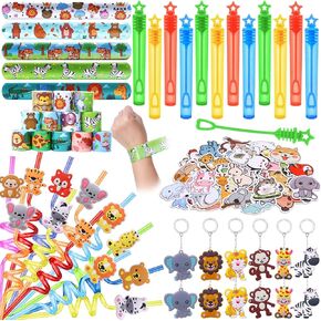 98Pcs Jungle Safari Party Favors Animal Birthday Supplies, Zoo Straw Bubble Slap Bracelet Keychain Sticker, Boy Girl Wild One Toy Gift Goodie Bags Stuffer, Party Favors for Kids 3-5 4-8