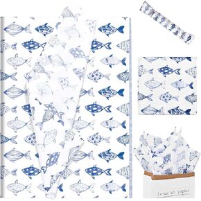 Sanixin 100 Sheets Fish Tissue Paper Watercolor Blue Fish Gift Wrapping Paper for Fishing Ocean Party DIY Craft, 14 x 20 Inches
